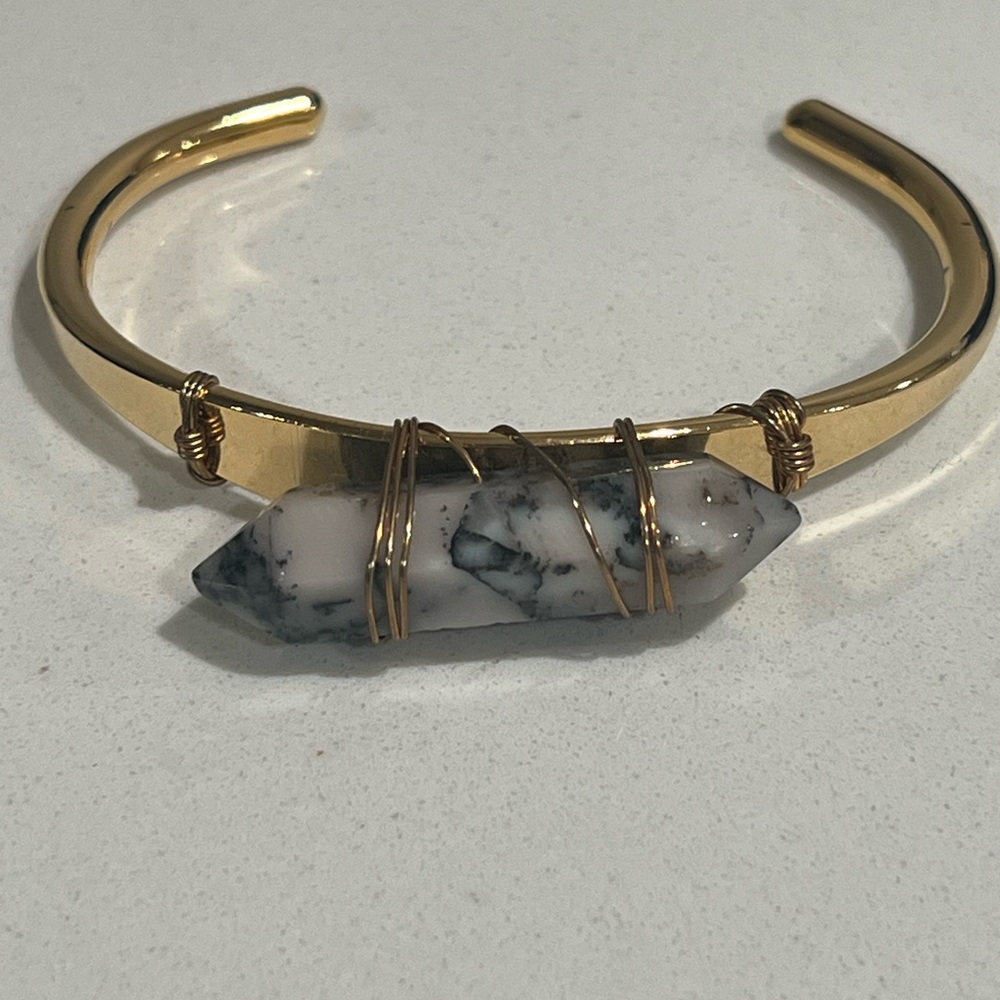 Gold Wire-Wrapped Stone Dendritic Opal Cuff Bracelet